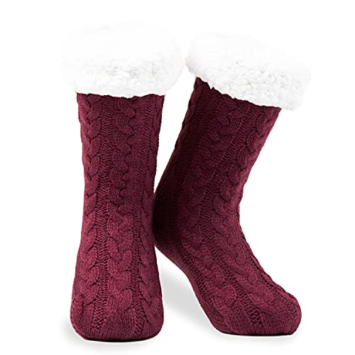CityComfort Kuschelsocken Stoppersocken Damen Winter Dicke Socken Damen Rutschfeste Warme Haussocken Geschenke für Frauen und Teenager (Bordeaux) von CityComfort