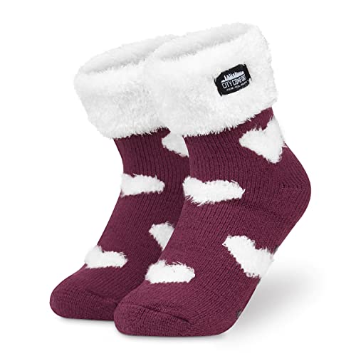 CityComfort Kuschelsocken Damen, Dicke Socken Damen, Rutschfeste Haussocken Damen (Burgunderrot/Weiß) von CityComfort