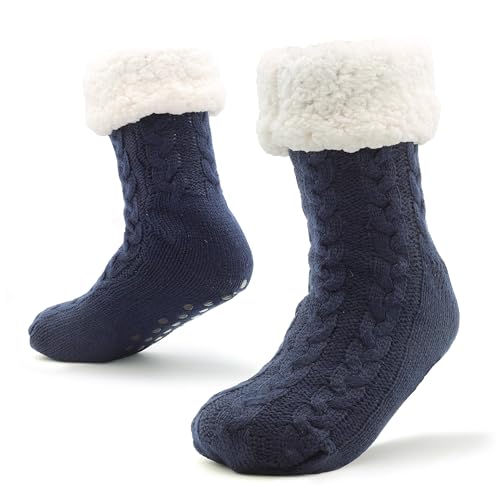 CityComfort Haussocken Herren, Kuschelsocken Herren mit Fleece Futter und ABS Anti Rutsch Noppen (Marineblauer Zopfstrick) von CityComfort