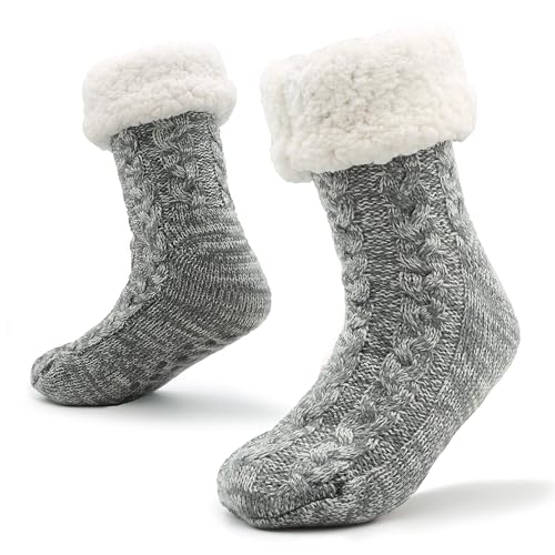 CityComfort Haussocken Herren, Kuschelsocken Herren mit Fleece Futter und ABS Anti Rutsch Noppen (Hellgrauer Zopfstrick) von CityComfort