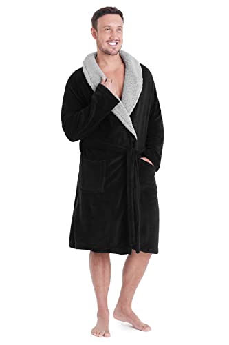 CityComfort Bademantel Herren Flauschig, Fleece Morgenmantel Herren Dressing Gown Men (L, Schwarz mit Sherpa-Kontrast) von CityComfort