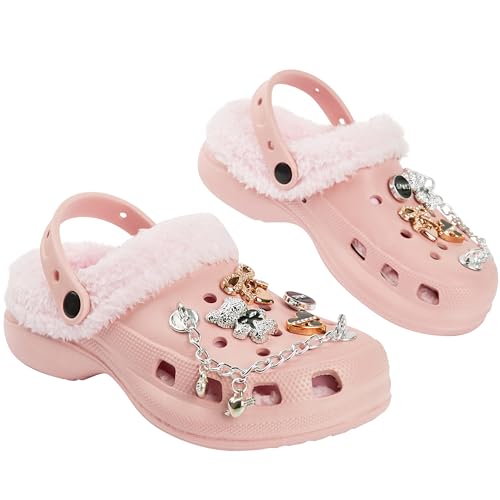 CityComfort Mädchen Clogs Kinder Hausschuhe, Warme Fleecefutter & Abnehmbaren Schuh Charms, Geschenke für Kinder Teenager (31 EU, Hellrosa mit Charms) von CityComfort