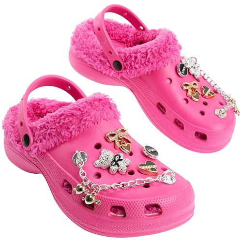 CityComfort Mädchen Clogs Kinder Hausschuhe, Warme Fleecefutter & Abnehmbaren Schuh Charms, Geschenke für Kinder Teenager (35 EU, Pink mit Charms) von CityComfort