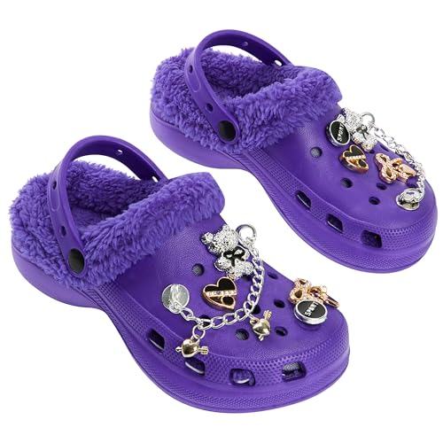 CityComfort Mädchen Clogs Kinder Hausschuhe, Warme Fleecefutter & Abnehmbaren Schuh Charms, Geschenke für Kinder Teenager (32 EU, Lila mit Charms) von CityComfort