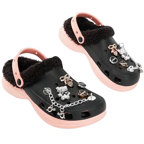 CityComfort Mädchen Clogs Kinder Hausschuhe, Warme Fleecefutter & Abnehmbaren Schuh Charms, Geschenke für Kinder Teenager (32 EU, Schwarz mit Charms) von CityComfort