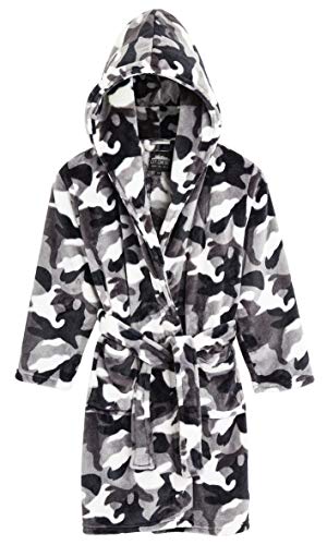 CityComfort Morgenmantel Kinder, Frottee Camouflage Kinderbademantel Junge, Fleece Morgenmantel Mädchen mit Kapuze, Weich Plüsch Army Robe Teenager, Geschenk Junge (Grau Arctic, 7-8 Jahre) von CityComfort