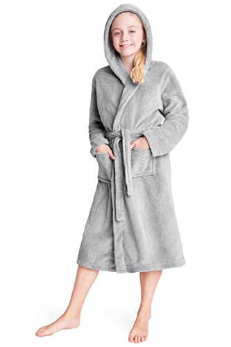 CityComfort Morgenmantel Kinder, Frottee Camouflage Kinderbademantel Junge, Fleece Morgenmantel Mädchen mit Kapuze, Weich Plüsch Army Robe Teenager, Geschenk Junge (Hell Grau, 13-14 Jahre) von CityComfort