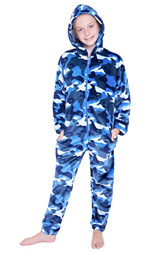 CityComfort Onesie Kinder Fleece Overall Jumpsuit Schlafanzug Jungen Mädchen Extra Weich Einteiler Ganzkörperanzug Schlafoverall Pyjama Strampelanzug 7-14 Jahre (Blau Camo, 13-14 Jahre) von CityComfort