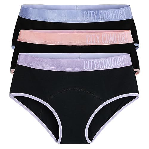 CityComfort Perioden Unterwäsche Mädchen 3er Pack von 8-16 Jahre Unterhosen Mädchen Periode Teenager Baumwolle Unterhose (Schwarz/Mehrfarbig, 12-14 Jahre) von CityComfort