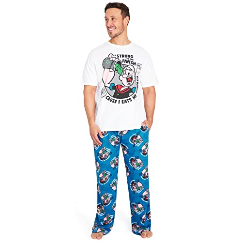 Popeye Schlafanzug Herren Kurz Lustig Zweiteilige Pyjama Set Herren Kurz oder Lang Witzig M - 3XL Baumwolle (L, Weiß/Blau) von Popeye