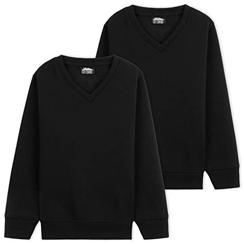 CityComfort Pullover aus Baumwolle | V-Ausschnitt Pullover in Schwarz Gr. 98-164 | Für Jungen von 3-14 Jahren | Uniform Bekleidung in Langarm(Schwarz-2er Pack, 11-12 Jahre) von CityComfort