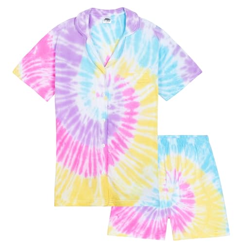 CityComfort Pyjama Damen Kurz Baumwolle Pyjama Frauen Set mit Knöpfen Hausanzug Damen Sommer Nachtwäsche Loungewear Geschenke für Frauen (XL, Multi Tie Dye) von CityComfort