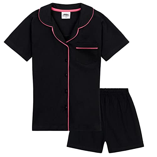 CityComfort Schlafanzug Mädchen Kurz Pyjama Kinder Set mit Knöpfen Schlafanzug Teenager Baumwolle Kurzarm Sommer Loungewear Set (11-12 Jahre, Schwarz) von CityComfort