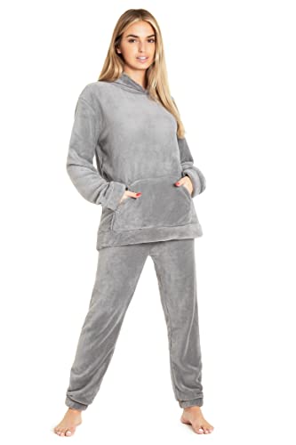 CityComfort Schlafanzug Damen Lang mit Kapuze, Pyjama Damen Set aus Flauschigem Fleece, Geschenke für Frauen & Teenager (Helle Holzkohle, L) von CityComfort