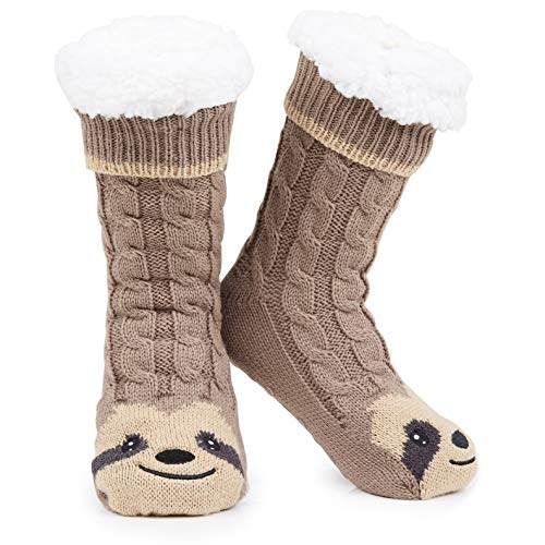 CityComfort Rutschfeste Socken Damen und Teenager in Gr. 37-41 - Kuschelsocken Damen - Sherpa-gefüttert mit Anti-Rutsch-Punkten (Braun Faultier) von CityComfort