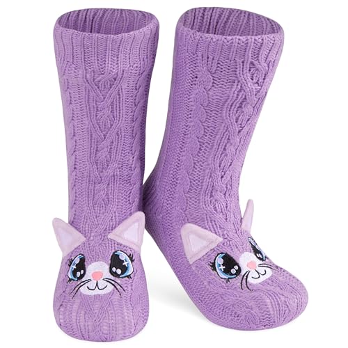 CityComfort Rutschfeste Socken Damen und Teenager in Gr. 37-41 - Kuschelsocken Damen - Sherpa-gefüttert mit Anti-Rutsch-Punkten (Lila Katze) von CityComfort