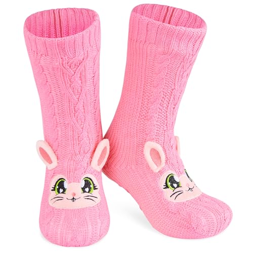 CityComfort Rutschfeste Socken Damen und Teenager in Gr. 37-41 - Kuschelsocken Damen - Sherpa-gefüttert mit Anti-Rutsch-Punkten (Rosa Hase) von CityComfort