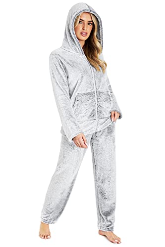 CityComfort Schlafanzug Damen, Polar Fleece Pyjama Für Frauen, Warme Nachtwäsche Und Hausanzug Damen (L, Zweifarbiges Grau) von CityComfort