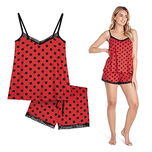 CityComfort - Schlafanzug Damen Kurz Set, 2-Teilig Damen Schlafanzug, Baumwolle Schlafanzüge für Damen, Bequemes Nachtwäsche Damen Set Mit Eleganten Spitzendetails, Rot Gepunktet, XL von CityComfort