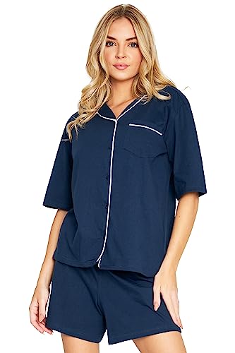 CityComfort Schlafanzug Damen Kurz Set - Baumwoll Pyjama Damen Kurz mit Button-Up Shirt - Damen Schlafanzug Kurz Kurzer Schlafanzug Damen Nachtwäsche & Loungewear (Blau/Weiss, L) von CityComfort