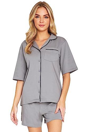 CityComfort Schlafanzug Damen Kurz Set - Baumwoll Pyjama Damen Kurz mit Button-Up Shirt - Damen Schlafanzug Kurz Kurzer Schlafanzug Damen Nachtwäsche & Loungewear (Grau/Schwarz, L) von CityComfort