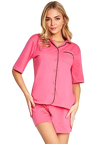 CityComfort Schlafanzug Damen Kurz Set - Baumwoll Pyjama Damen Kurz mit Button-Up Shirt - Damen Schlafanzug Kurz Kurzer Schlafanzug Damen Nachtwäsche & Loungewear (Rosa/Schwarz, XL) von CityComfort