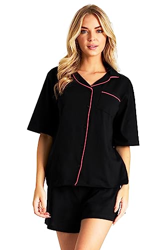 CityComfort Schlafanzug Damen Kurz Set - Baumwoll Pyjama Damen Kurz mit Button-Up Shirt - Damen Schlafanzug Kurz Kurzer Schlafanzug Damen Nachtwäsche & Loungewear (Schwarz/Rosa, L) von CityComfort