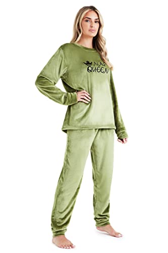 CityComfort Schlafanzug Damen Lang, Fleece Pyjama Damen Hausanzug Kuschelig (L, Grün) von CityComfort