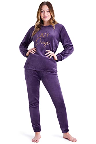 CityComfort Schlafanzug Damen Lang, Fleece Pyjama Damen Hausanzug Kuschelig (L, Lila) von CityComfort