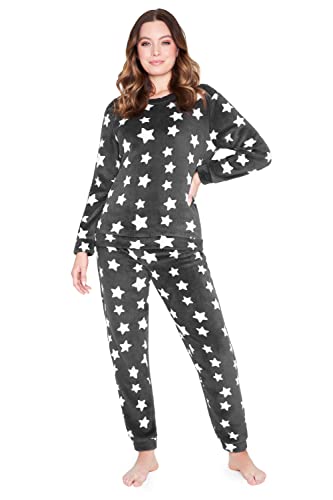 CityComfort Schlafanzug Damen Lang, Fleece Pyjama Damen Hausanzug Kuschelig (M, Grau Sterne) von CityComfort