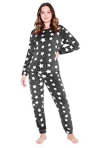 CityComfort Fleece Schlafanzug Damen Lang, 2-Teiliges Pyjama Set, Hausanzug Damen Winter, Geschenke für Frauen Jugendliche (M, Graue Sterne) von CityComfort