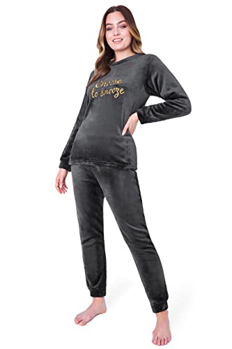 CityComfort Fleece Schlafanzug Damen Lang, 2-Teiliges Pyjama Set, Hausanzug Damen Winter, Geschenke für Frauen Jugendliche (S, Anthrazit) von CityComfort