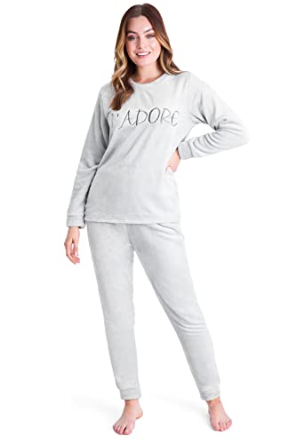 CityComfort Schlafanzug Damen Lang, Fleece Pyjama Damen Hausanzug Kuschelig (S, Grau) von CityComfort