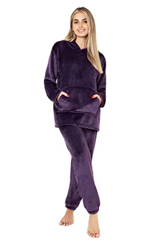 CityComfort Schlafanzug Damen Lang mit Kapuze, Pyjama Damen Set aus Flauschigem Fleece, Geschenke für Frauen & Teenager (Lila, L) von CityComfort