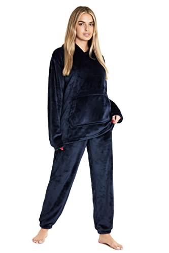 CityComfort Schlafanzug Damen Lang Flauschig Warm Winter Fleece Pyjama Damen Hausanzug Kuschelig (L, Navy Blau) von CityComfort