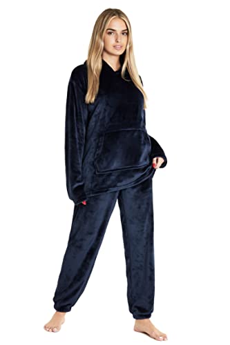 Rosa BeigeCityComfort Schlafanzug Damen Lang mit Kapuze, Pyjama Damen Set aus Flauschigem Fleece, Geschenke für Frauen & Teenager(Navy, M) von CityComfort