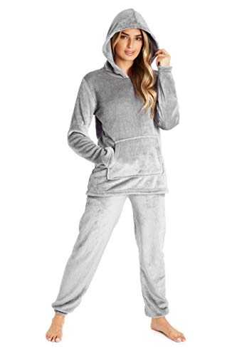 CityComfort Schlafanzug Damen Lang mit Kapuze, Pyjama Damen Set aus Flauschigem Fleece, Geschenke für Frauen & Teenager (Grau, S) von CityComfort