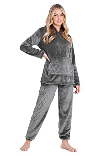 CityComfort Schlafanzug Damen Lang mit Kapuze, Pyjama Damen Set aus Flauschigem Fleece, Geschenke für Frauen & Teenager (Holzkohle, S) von CityComfort