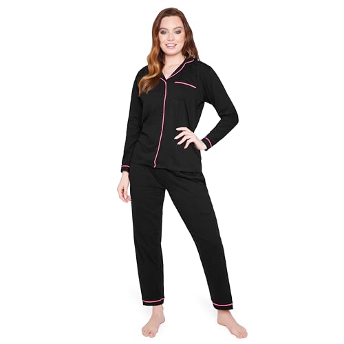 CityComfort Schlafanzug Damen Lang Pyjama Damen Baumwolle Lounge Set Damen und Teenager S - XL - Geschenke für Frauen (Schwarz, L) von CityComfort