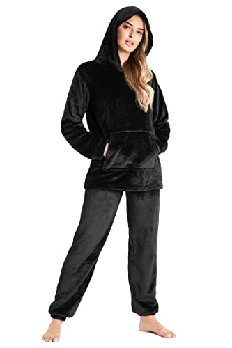 CityComfort Schlafanzug Damen Lang Flauschig Warm Winter Fleece Pyjama Damen Hausanzug Kuschelig (XL, Schwarz) von CityComfort