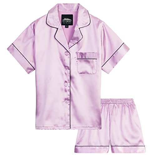 CityComfort Silk Pyjama Set für Mädchen, Kurze Schlafanzughose & Kurzärmliges Oberteil mit Kragen & Knopfleiste - Geschenke für Mädchen (Lila, 15-16 Jahre) von CityComfort