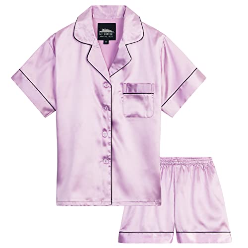 CityComfort Silk Pyjama Set für Mädchen, Kurze Schlafanzughose & Kurzärmliges Oberteil mit Kragen & Knopfleiste - Geschenke für Mädchen (Lila, 7-8 Jahre) von CityComfort