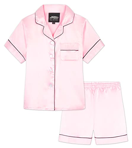 CityComfort Silk Pyjama Set für Mädchen, Kurze Schlafanzughose & Kurzärmliges Oberteil mit Kragen & Knopfleiste - Geschenke für Mädchen (Rosa, 9-10 Jahre) von CityComfort