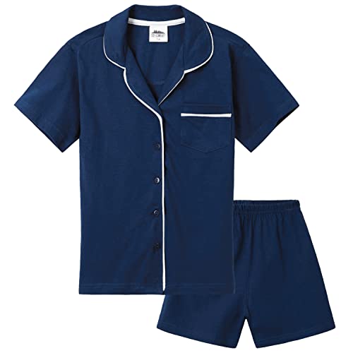CityComfort Schlafanzug Mädchen Kurz Pyjama Kinder Set mit Knöpfen Schlafanzug Teenager Baumwolle Kurzarm Sommer Loungewear Set (11-12 Jahre, Marine) von CityComfort