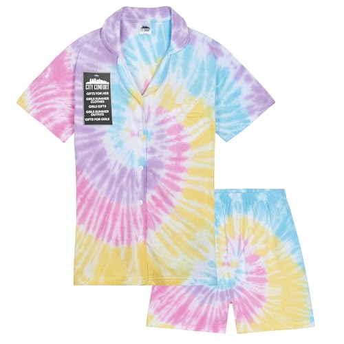 CityComfort Schlafanzug Mädchen Kurz Pyjama Kinder Set mit Knöpfen Schlafanzug Teenager Baumwolle Kurzarm Sommer Loungewear Set (5-6 Jahre, Mehrfarbig) von CityComfort