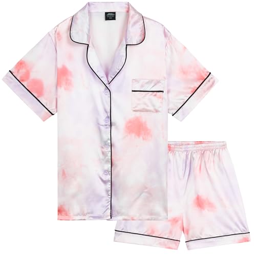 CityComfort Schlafanzug Mädchen Kurz Satin Pyjama Kinder Schlafanzug Teenager Weiche Atmungsaktive Sommer Kurzarm Schlafanzüge Loungewear Set (11-12 Jahre, Mehrfarbig Batik) von CityComfort