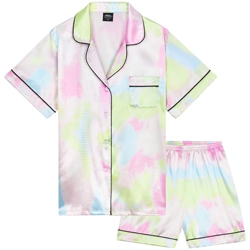 CityComfort Schlafanzug Mädchen Kurz Satin Pyjama Kinder Schlafanzug Teenager Weiche Atmungsaktive Sommer Kurzarm Schlafanzüge Loungewear Set (9-10 Jahre, Multi Regenbogen) von CityComfort