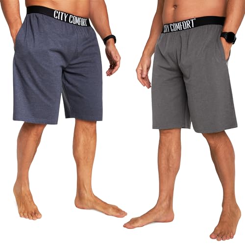 CityComfort Schlafanzughose Herren Kurz mit Seitentaschen & elastischem Bund, Pyjama Shorts Herren 2er Pack (Dunkelblau/Anthrazit, 2XL) von CityComfort