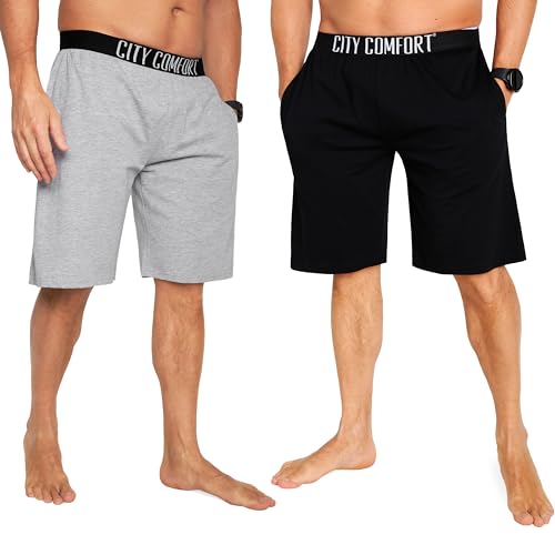 CityComfort Pyjama Shorts Herren, Kurze Schlafanzughose Herren mit Seitentaschen & Elastischem Bund 2er-Pack (Schwarz/Grau, L) von CityComfort