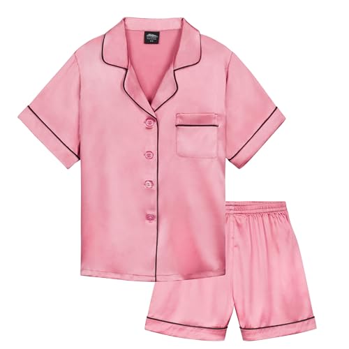 CityComfort Silk Pyjama Set für Mädchen, Kurze Schlafanzughose & Kurzärmliges Oberteil mit Kragen & Knopfleiste - Geschenke für Mädchen (Altrosa, 13-14 Jahre) von CityComfort